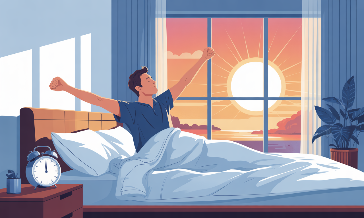 Busy professional man maintaining consistent wake time by waking up at same hour daily in bright bedroom with alarm clock showing early morning, fixing sleep schedule.