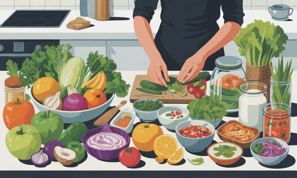 Healthy fiber-rich foods and fermented products supporting gut microbiome mental health through nutrition