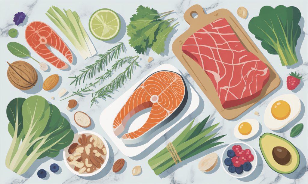 Comprehensive nutrition layout featuring testosterone-supporting foods and supplements for energy restoration