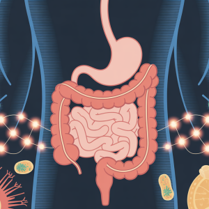 Scientific illustration of gut microbiome mental health connection showing digestive system linked to brain through neural pathways with beneficial bacteria