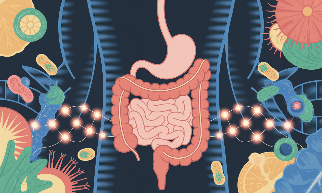 Scientific illustration of gut microbiome mental health connection showing digestive system linked to brain through neural pathways with beneficial bacteria