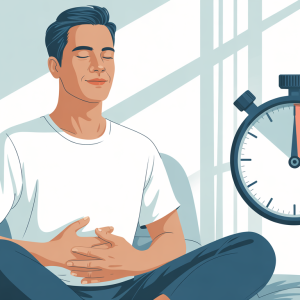 Man practicing diaphragmatic breathing to stop stress in 2 minutes, hands on abdomen, calm expression.