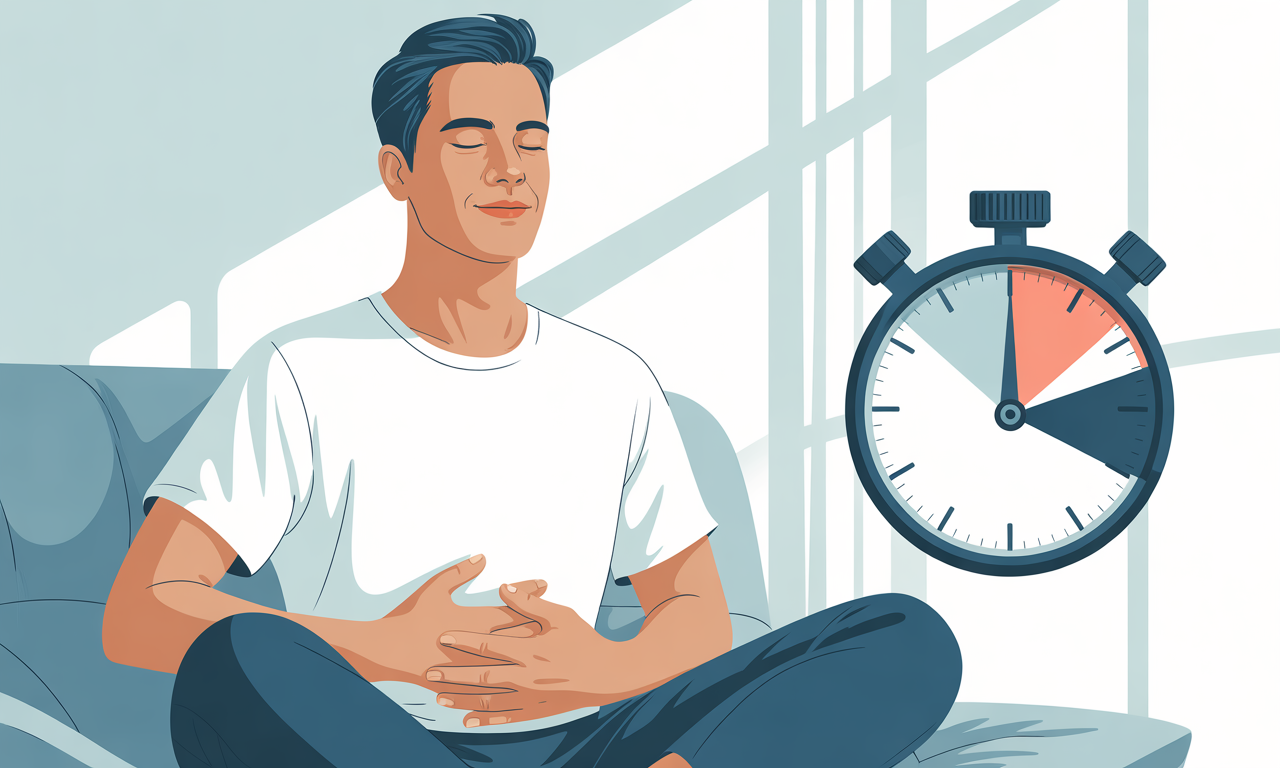 Man practicing diaphragmatic breathing to stop stress in 2 minutes, hands on abdomen, calm expression.