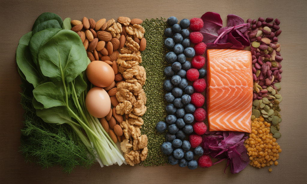 Nutrient-rich foods for male fertility including salmon, leafy vegetables, nuts, and berries supporting sperm quality.
