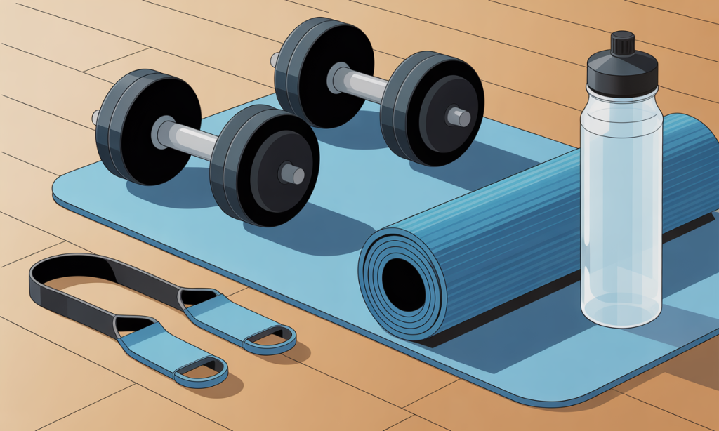 Home strength training equipment necessary for effective 15 minute dad workouts including dumbbells and resistance bands