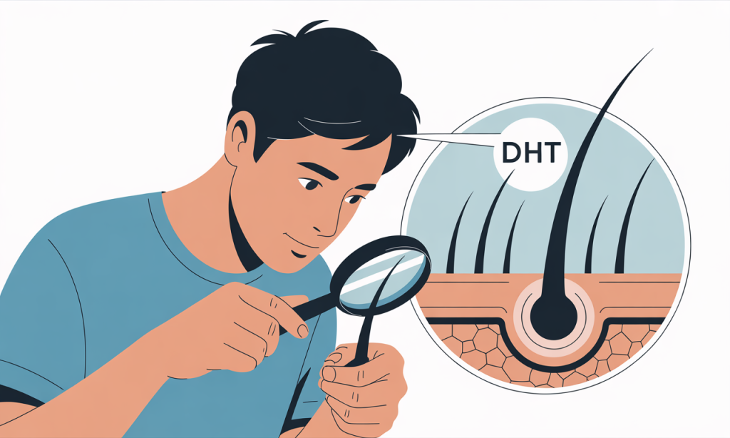 Young adult examining hair roots under a magnifying glass with visible hair follicles diagram overlay, clean white background, medical illustration style, detailed anatomical accuracy showing DHT molecule interaction