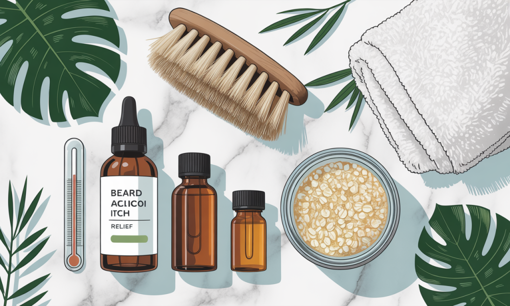 Complete collection of essential products and tools needed to stop beard itch fast arranged professionally on marble surface