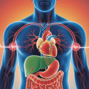 Man experiencing heart rate after eating spike illustrated with digital heart monitor showing elevated pulse and digestive system highlighted in medical diagram