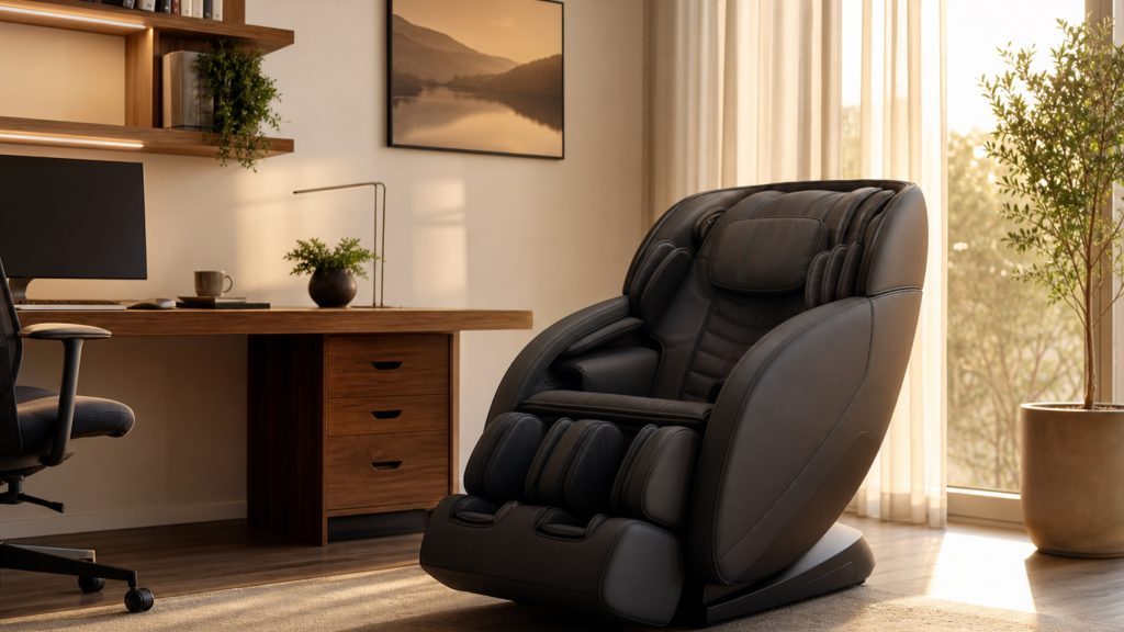 Best massage chair for home office workers 2026 — dark ergonomic massage chair in a modern work-from-home setup